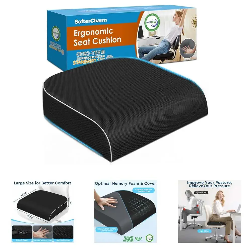 Memory Foam Seat Cushion Large Black Comfort Support for Office Chair, All-Day